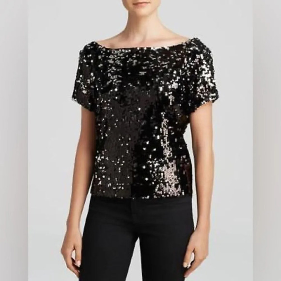 MILLY NWOT Sequin Short Sleeve Top in Black and Silver - Picture 1 of 8